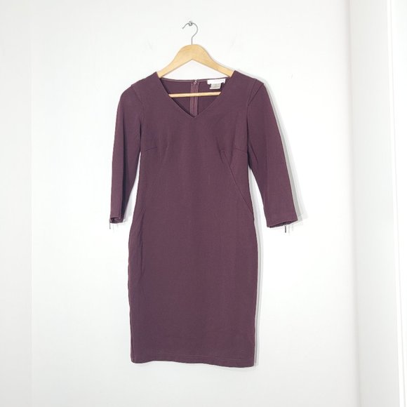 Kenar Women Burgundy 3/4 Sleeve V-Neck Back Zipper Mini Sheath Dress Office Sz 2 - Picture 1 of 14